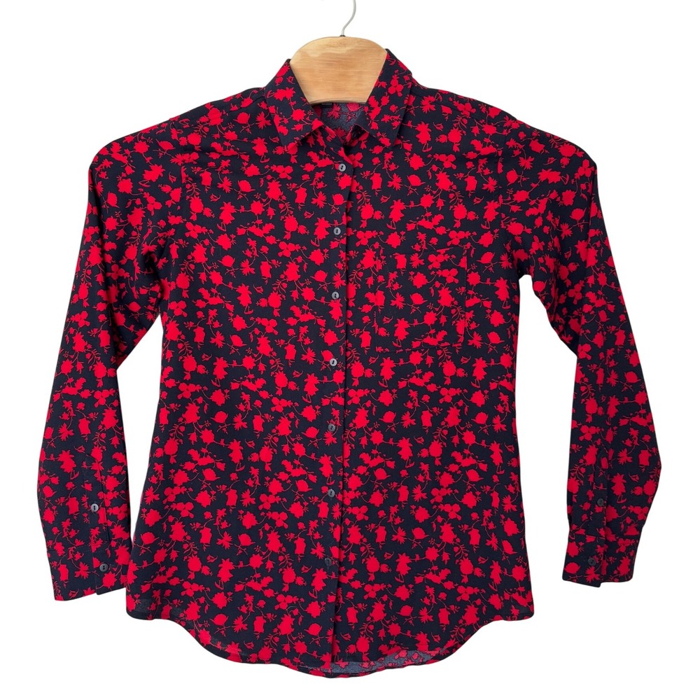MNG Casual Navy Blue Red Floral Button Front Long Sleeve Shirt Size 4